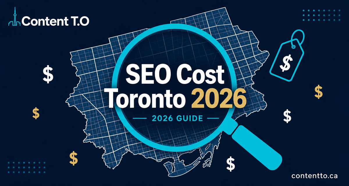 SEO costs in Toronto range from $147 for a blog post to $997 per month for full service. Content T.O serves GTA businesses including Toronto, Mississauga, Brampton, Markham, Vaughan, Oakville, and Burlington.